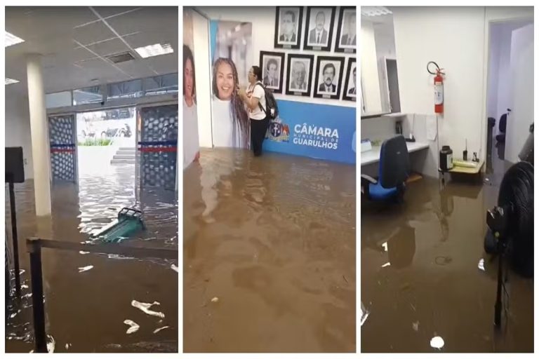 Temporal inunda Câmara Municipal de Guarulhos e água chega ao joelho de funcionários
