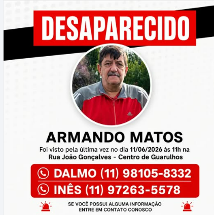 Mobilização em Guarulhos: Ex-vereador Armando Matos está desaparecido e família pede ajuda urgente nas buscas